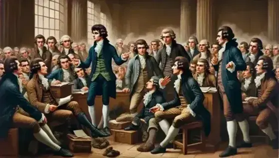 Men in 18th-century French attire engage in fervent debate within the National Convention, with gestures and expressions of intense discourse.