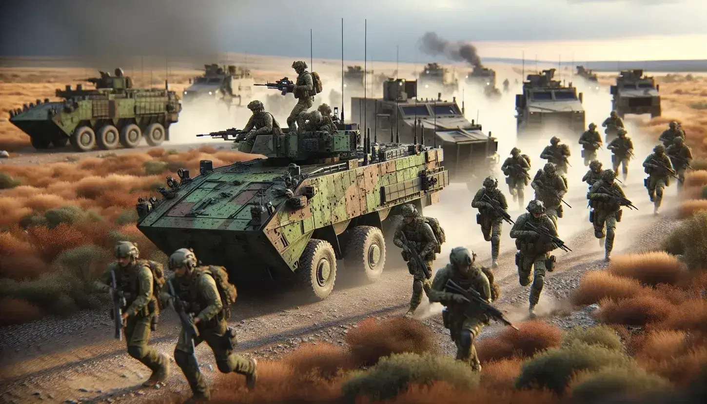 Soldiers in camouflage advance through rugged terrain with armored vehicles nearby, under a gradient sky suggesting dawn or dusk, with distant smoke plumes.