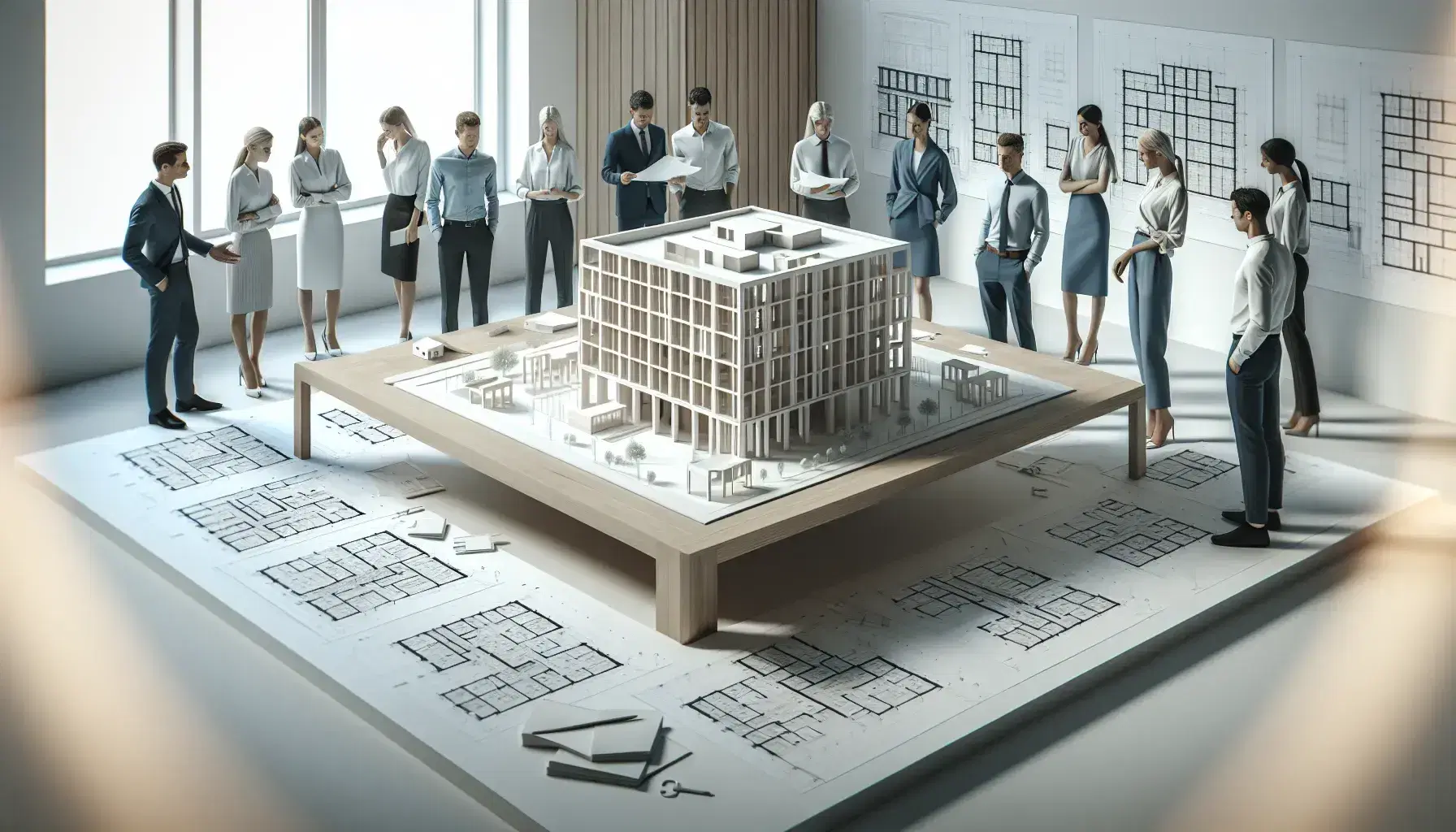 Grupo de profesionales analizando maqueta de edificio y planos arquitectónicos en mesa de reuniones con iluminación natural.
