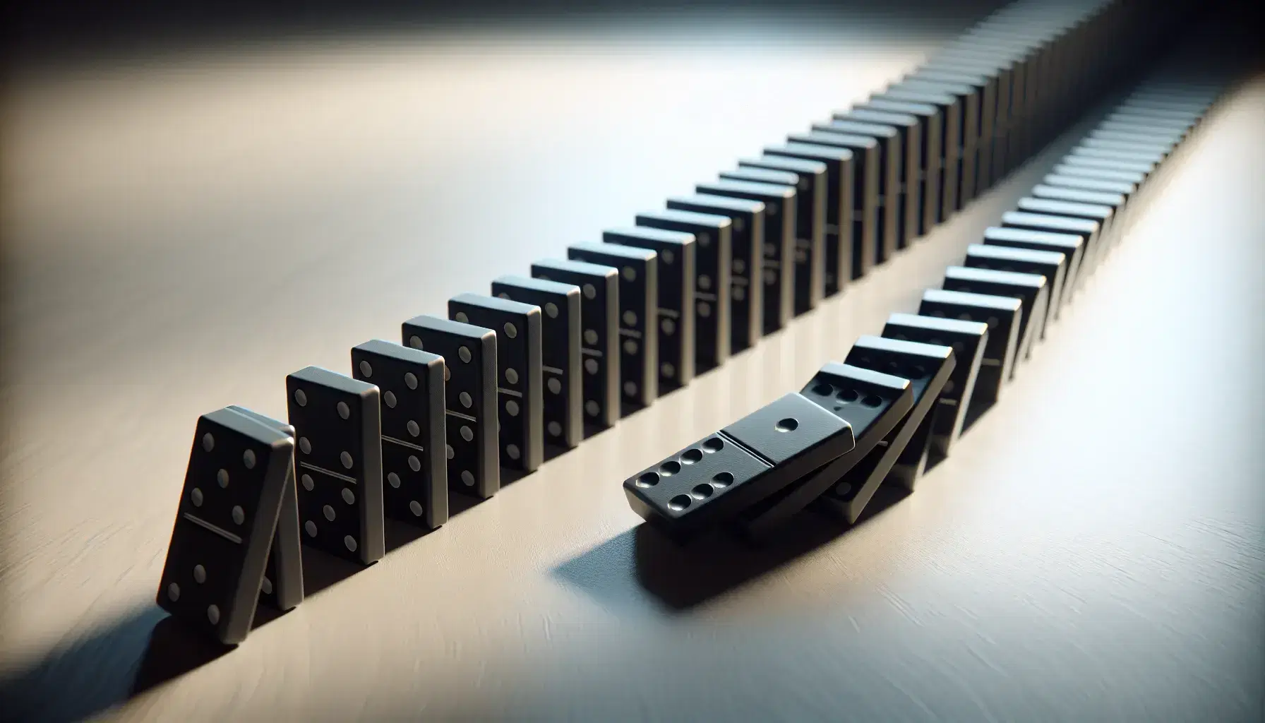 Close-up view of black dominoes in a line on a wooden surface, with the first domino tipping over, initiating a chain reaction.