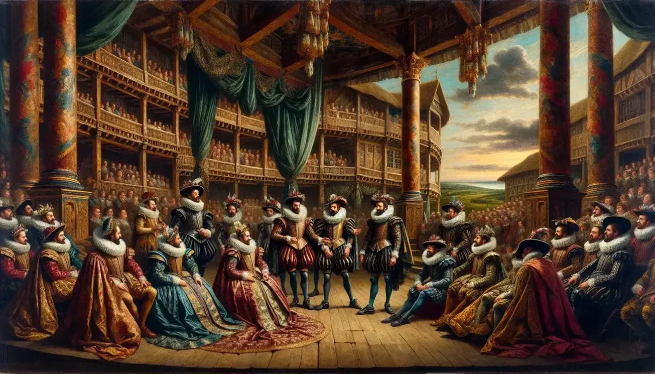 Elizabethan actors in vibrant costumes perform on the Globe Theatre stage, with an engaged audience in a circular open-air setting.