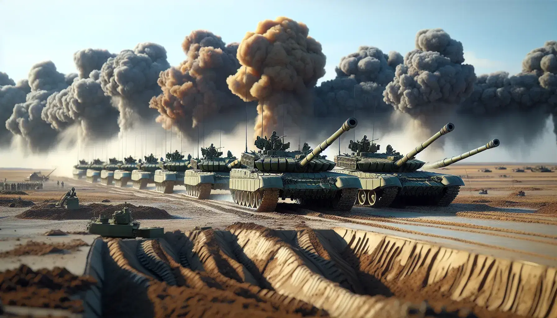 Tanques de guerra en formación en un campo de batalla con explosiones y humo al fondo, bajo un cielo azul claro.