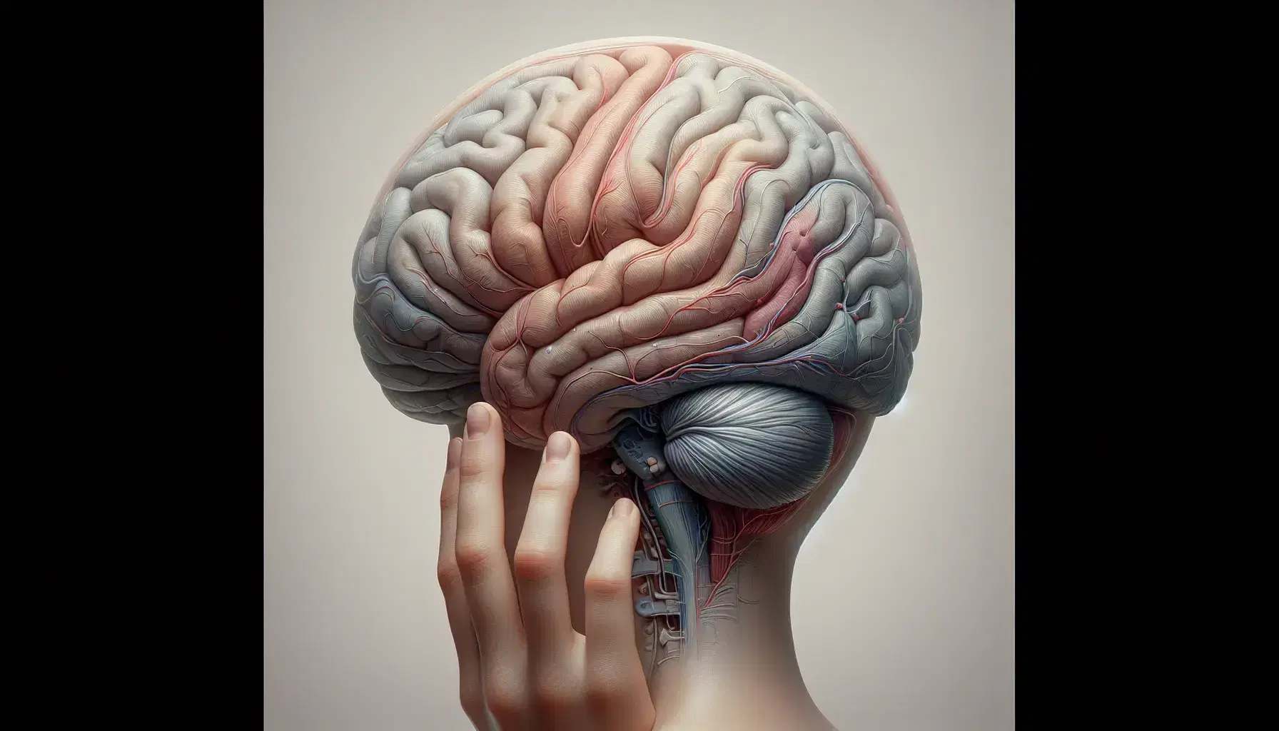 Sezione sagittale dettagliata di un cervello umano con aree vascolari, toccata da una mano, e figura stilizzata osservante su sfondo chiaro.