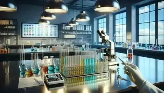 Laboratorio scientifico moderno con tavolo in acciaio, microscopio, bilancia digitale e provette colorate, mano con pipetta e sfondo di cielo azzurro.