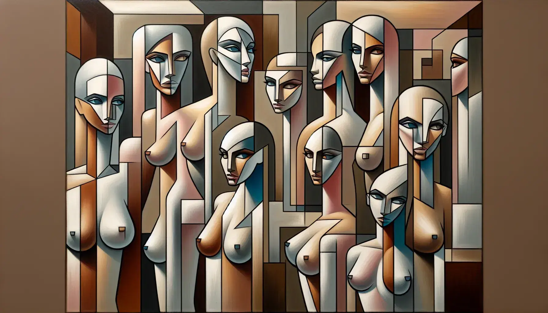 Cinque figure femminili stilizzate e frammentate in toni di marrone, beige, bianco, blu e rosa, disposte in un ambiente geometrico astratto.