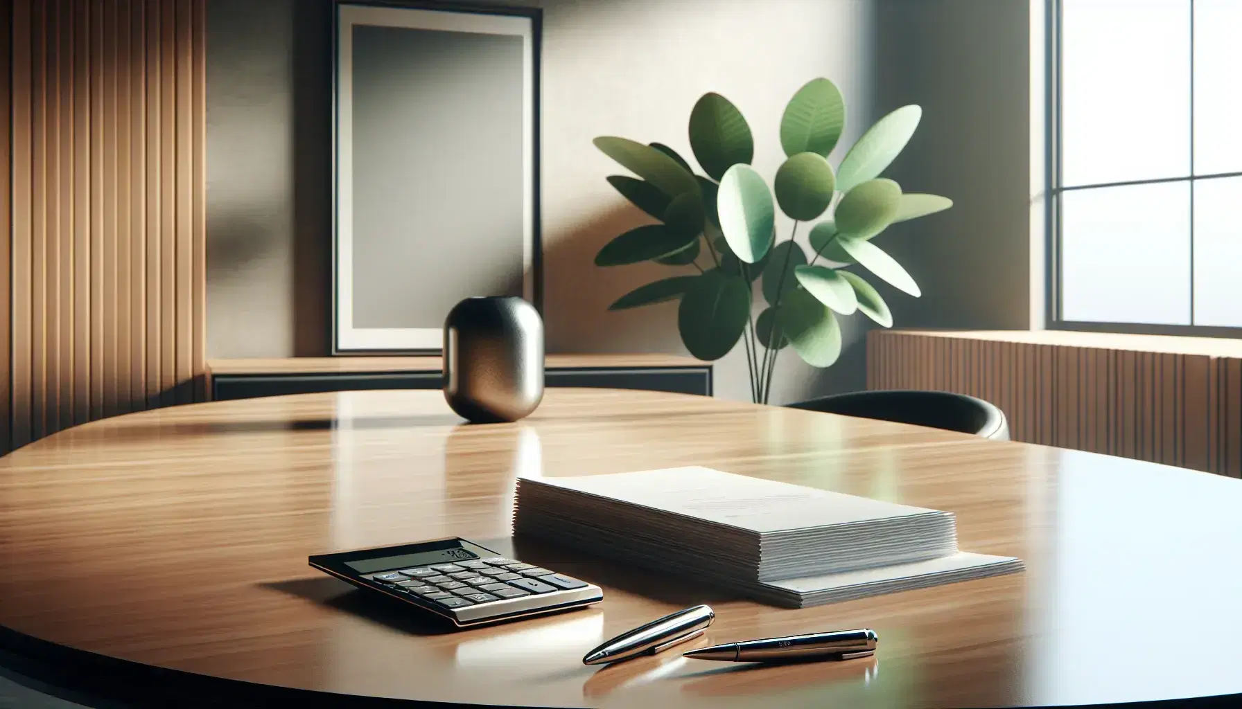 Modern office with oval wooden table, calculator, white paper stack, silver pen, and potted plant by a large window with natural light.