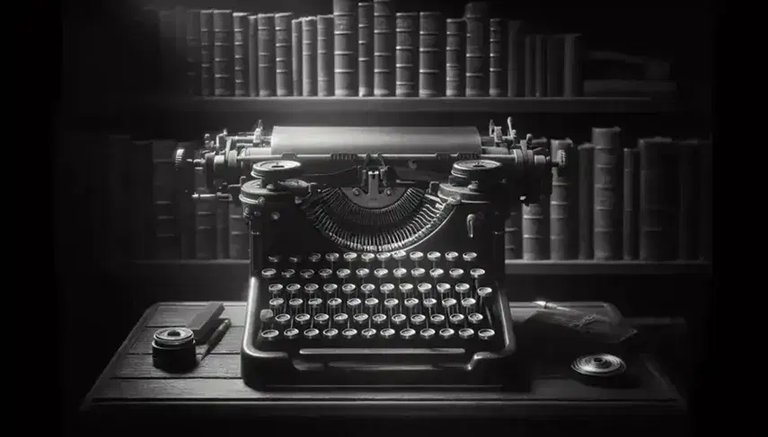 Máquina de escribir antigua con teclas redondas en blanco y negro sobre mesa de madera oscura, con estantería desenfocada al fondo.