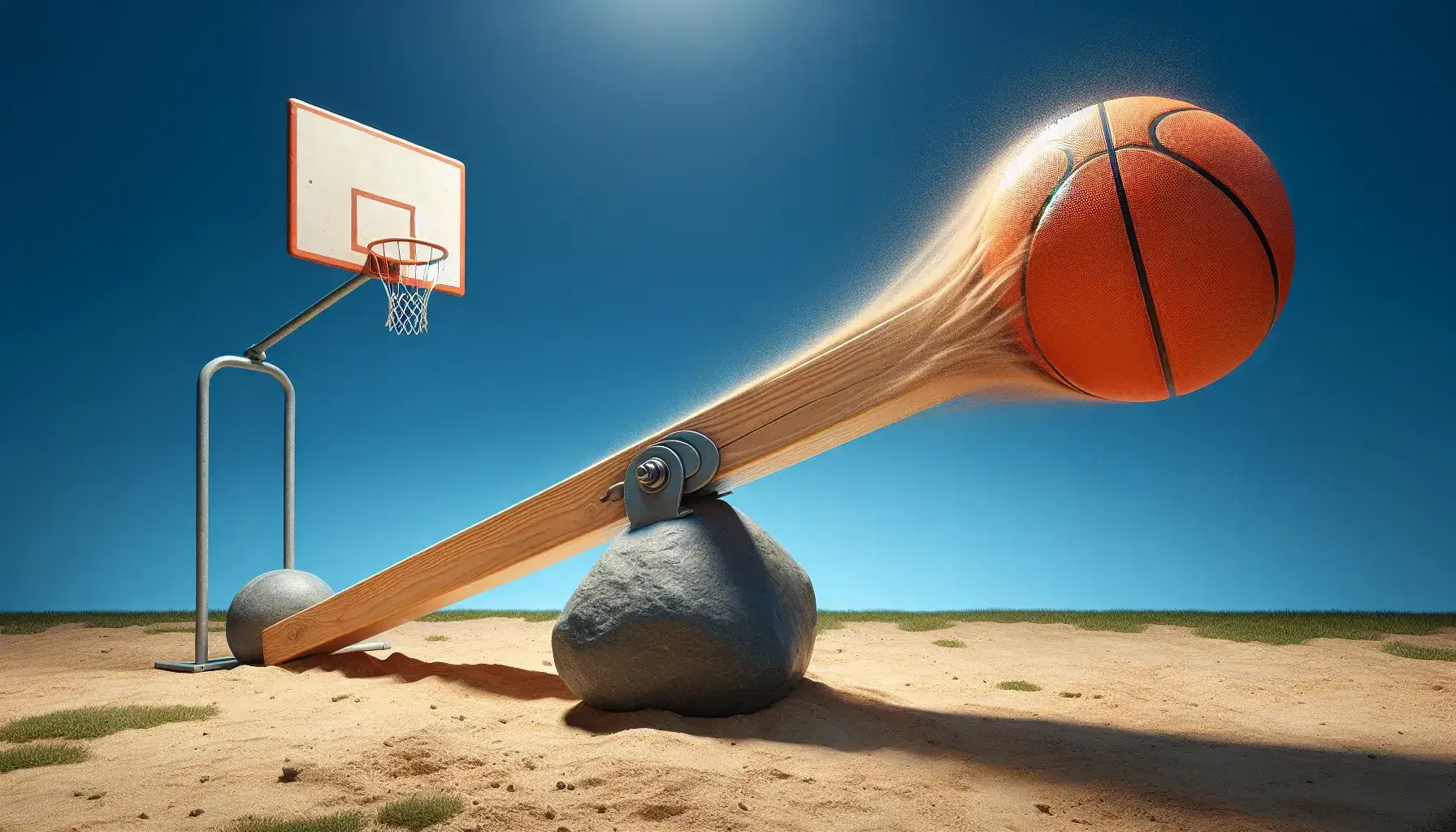 Basketball in mid-air parabolic arc against blue sky above seesaw with ball on one end and rock on the other, illustrating projectile motion and energy.