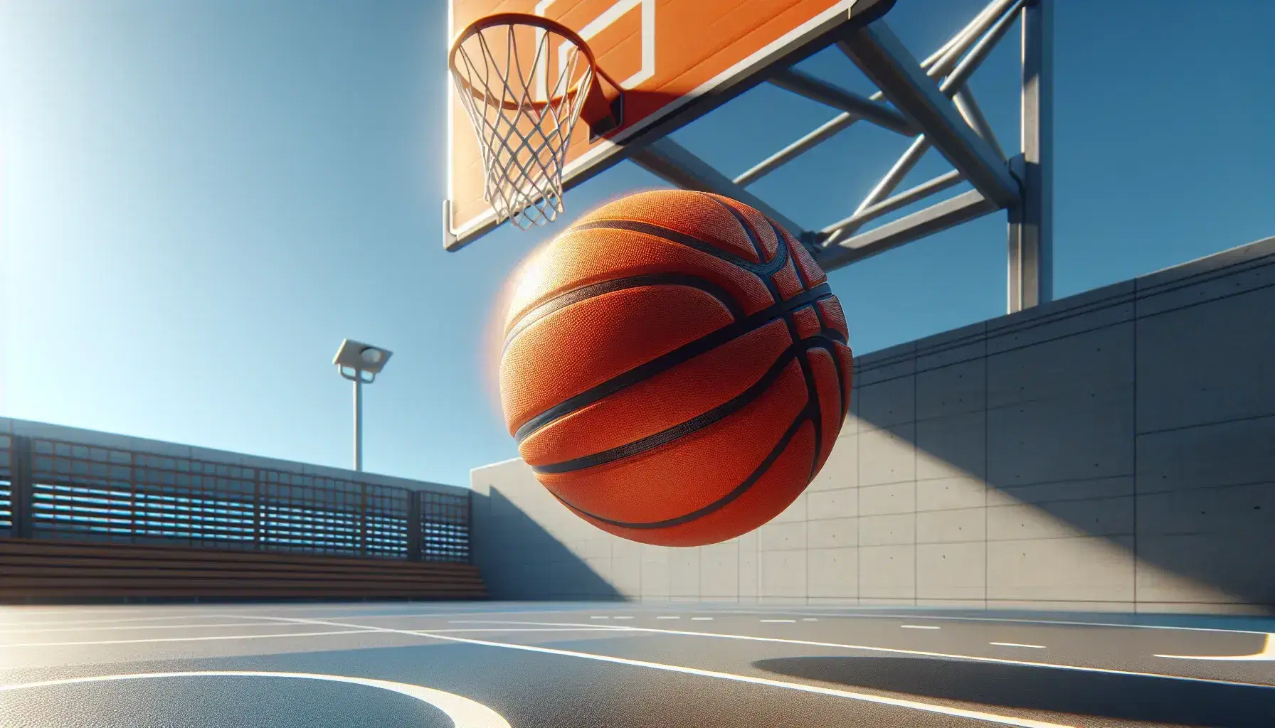 Pallone da basket arancione in volo su traiettoria parabolica sopra campo da basket esterno con cielo azzurro.