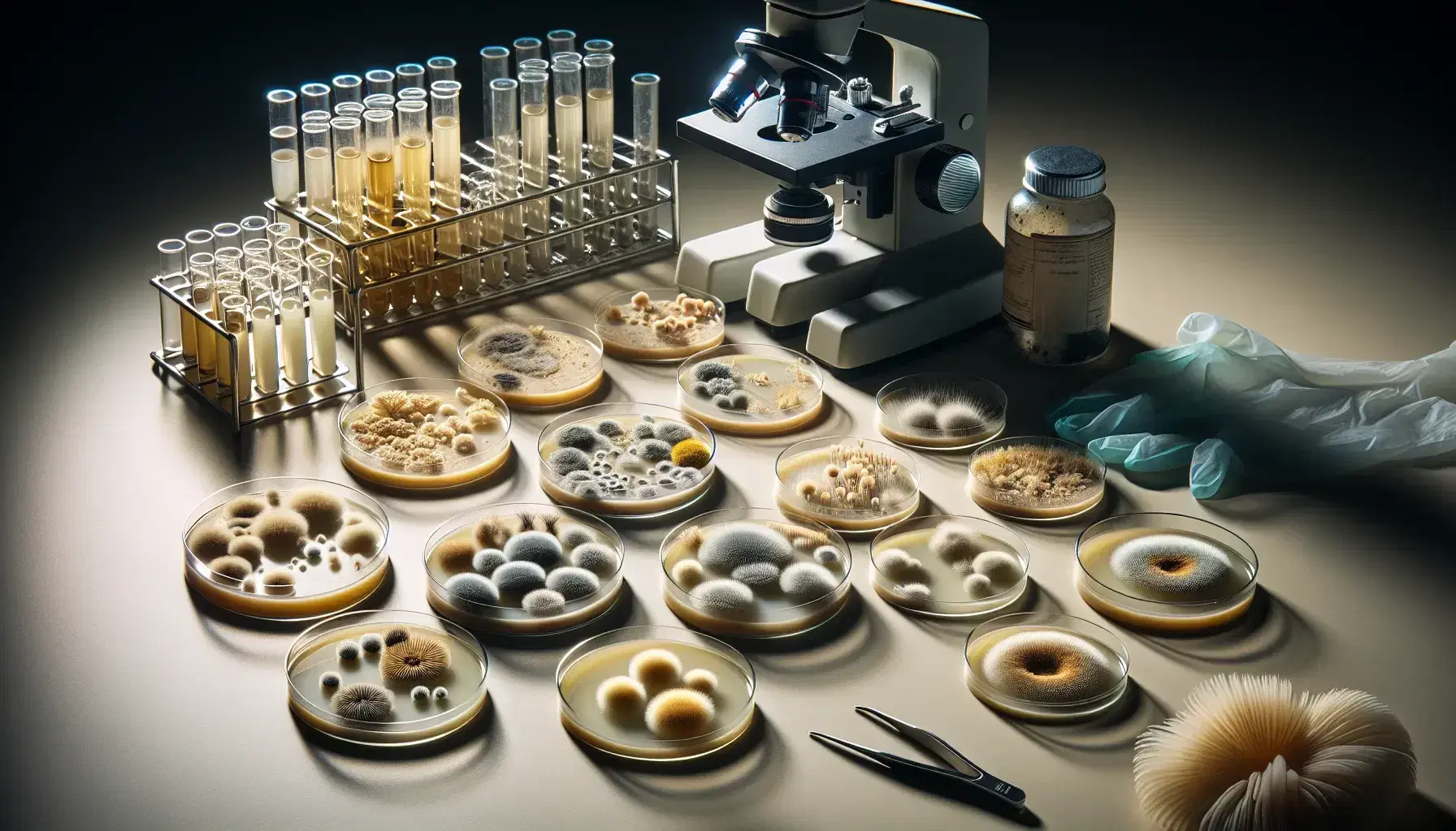 Placas de Petri con colonias de hongos en distintas etapas de crecimiento en laboratorio, junto a microscopio, pinzas metálicas y guantes de látex.