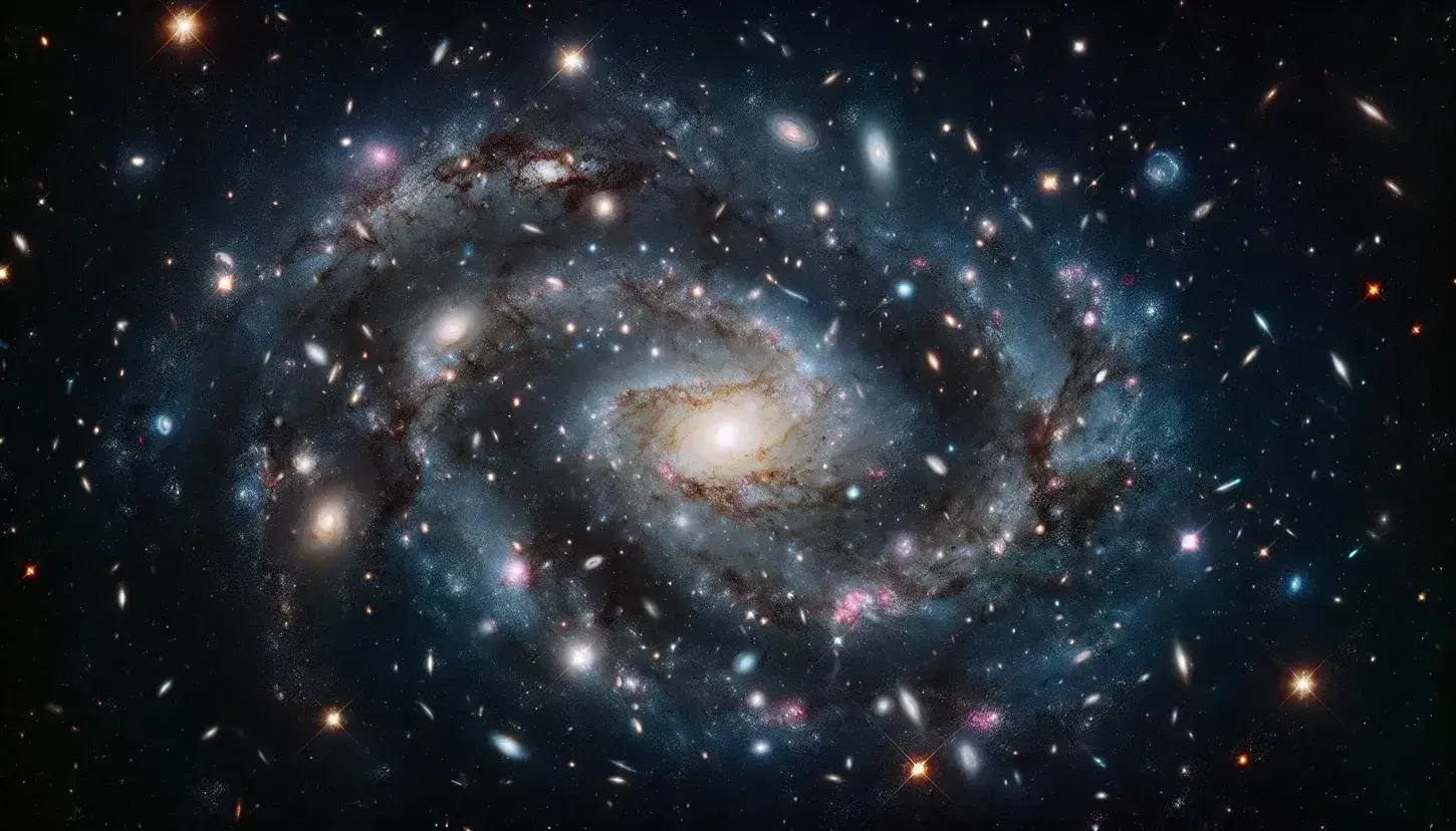 Cielo notturno con galassia a spirale, ammasso stellare luminoso, quasar brillante e filamenti di nebulose su sfondo stellato.