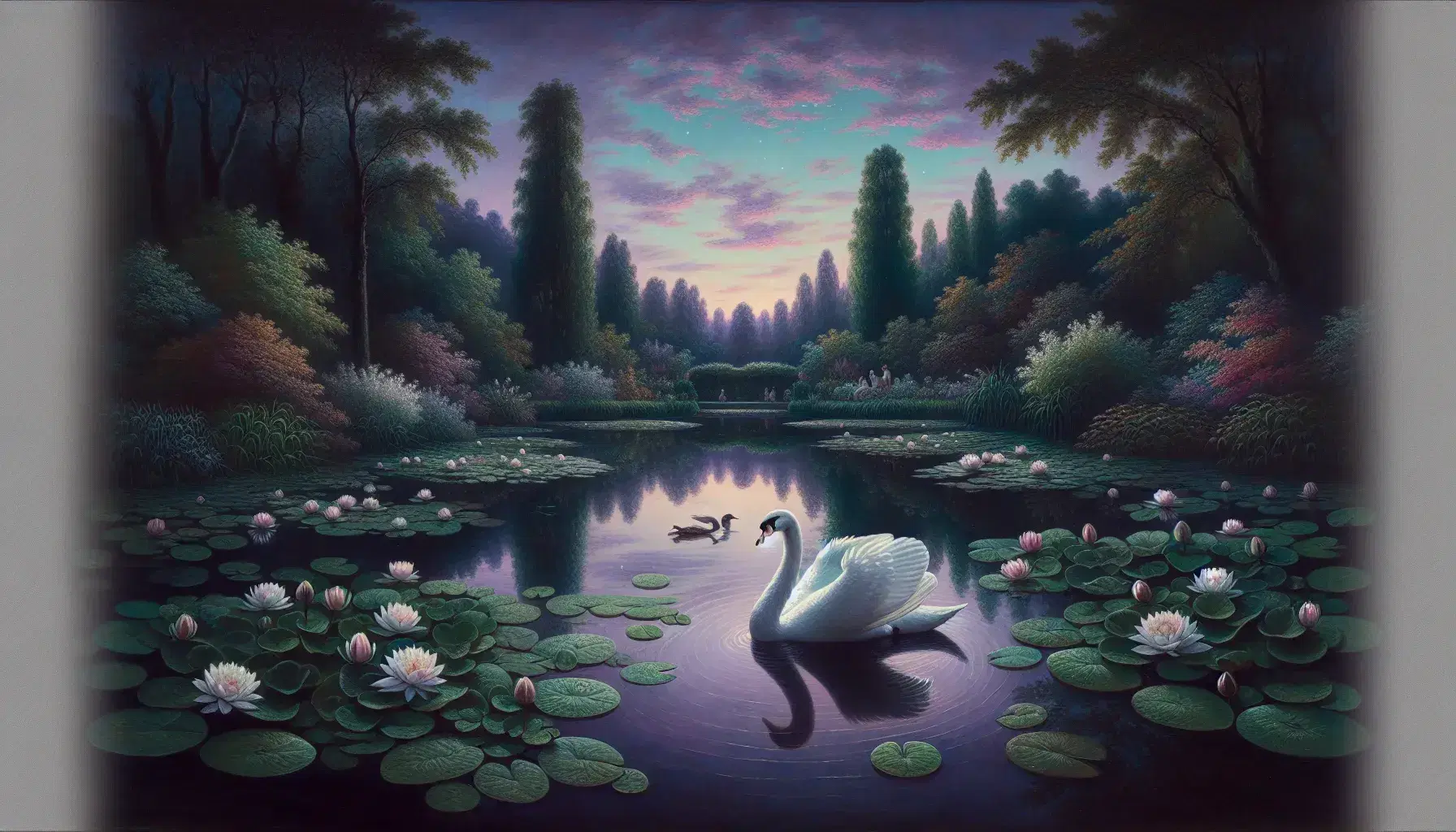 Cigno bianco con ali dispiegate su specchio d'acqua con ninfee rosa al crepuscolo, cielo pastello riflesso e vegetazione autunnale.