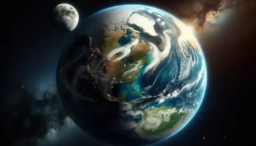 Vista spettacolare della Terra dallo spazio con oceani blu, continenti verdi e marroni, nuvole bianche e la Luna craterizzata in lontananza.