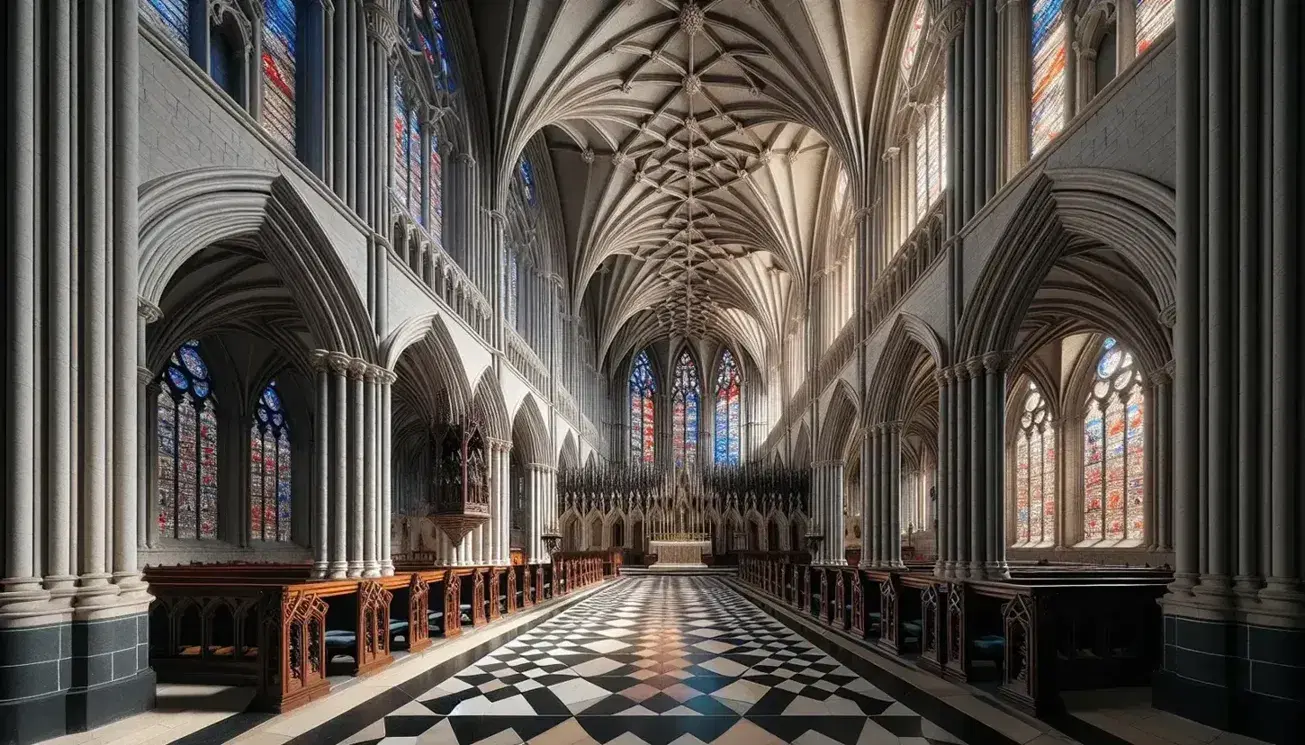 Interior de catedral gótica con arcos apuntados, bóvedas de crucería, bancos de madera, suelo de mármol ajedrezado y vidrieras coloridas que iluminan el altar con crucifijo.