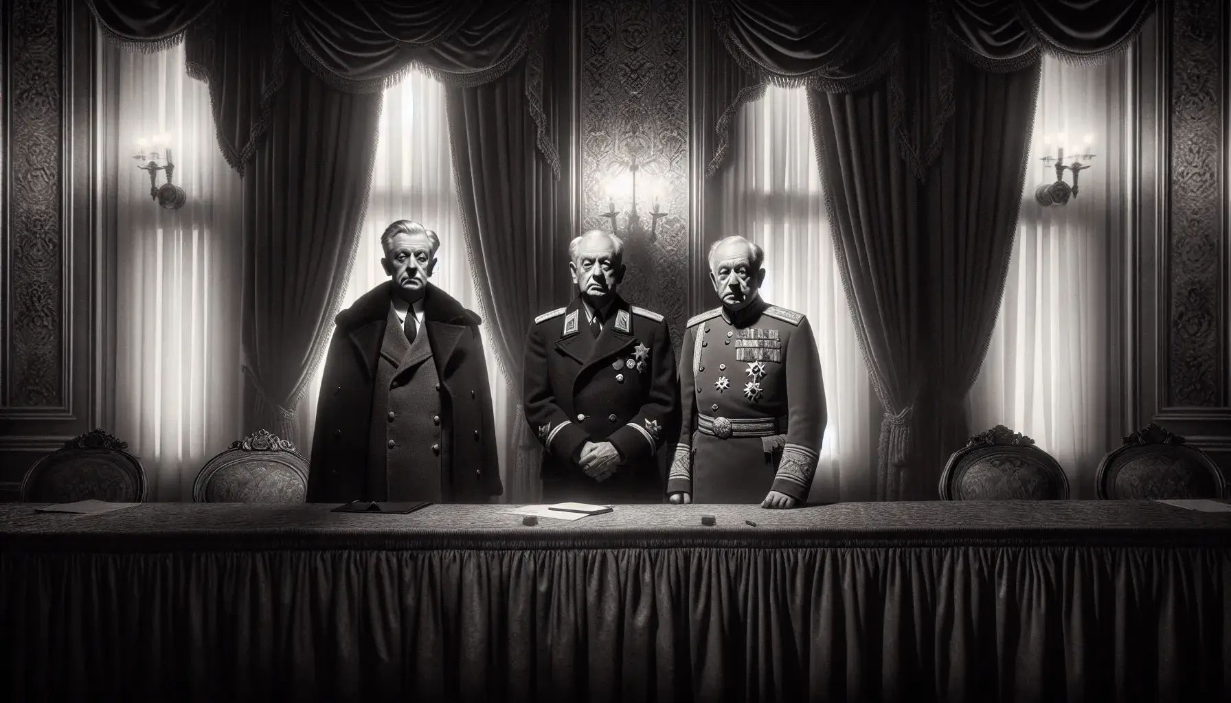 Historical grayscale photo from Yalta Conference with three WWII leaders in a grand room, featuring ornate decor and soft shadowing.