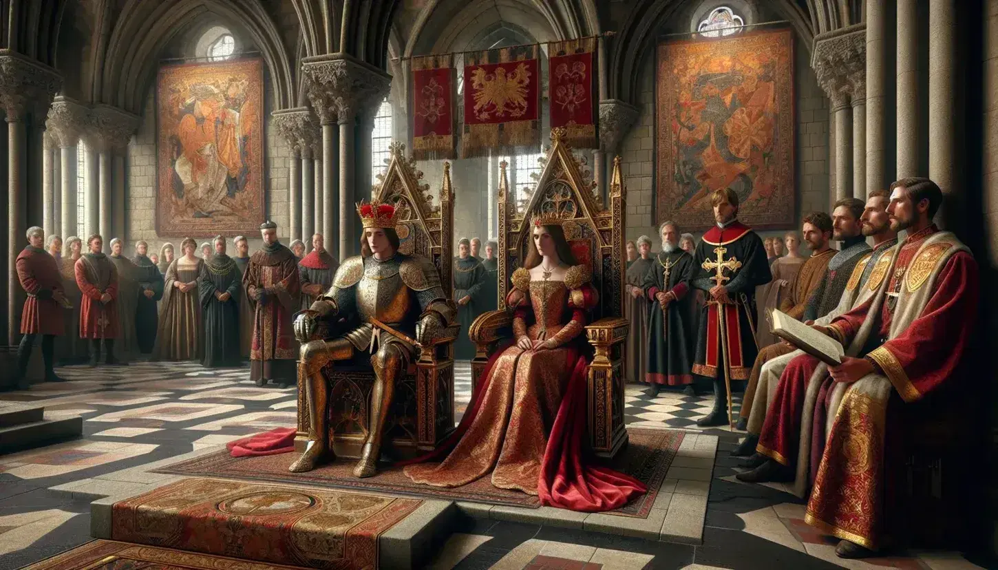 Rey y reina en tronos ornamentados presiden audiencia en sala medieval con arcos de piedra, vitrales y tapices, acompañados por clérigo con libro.