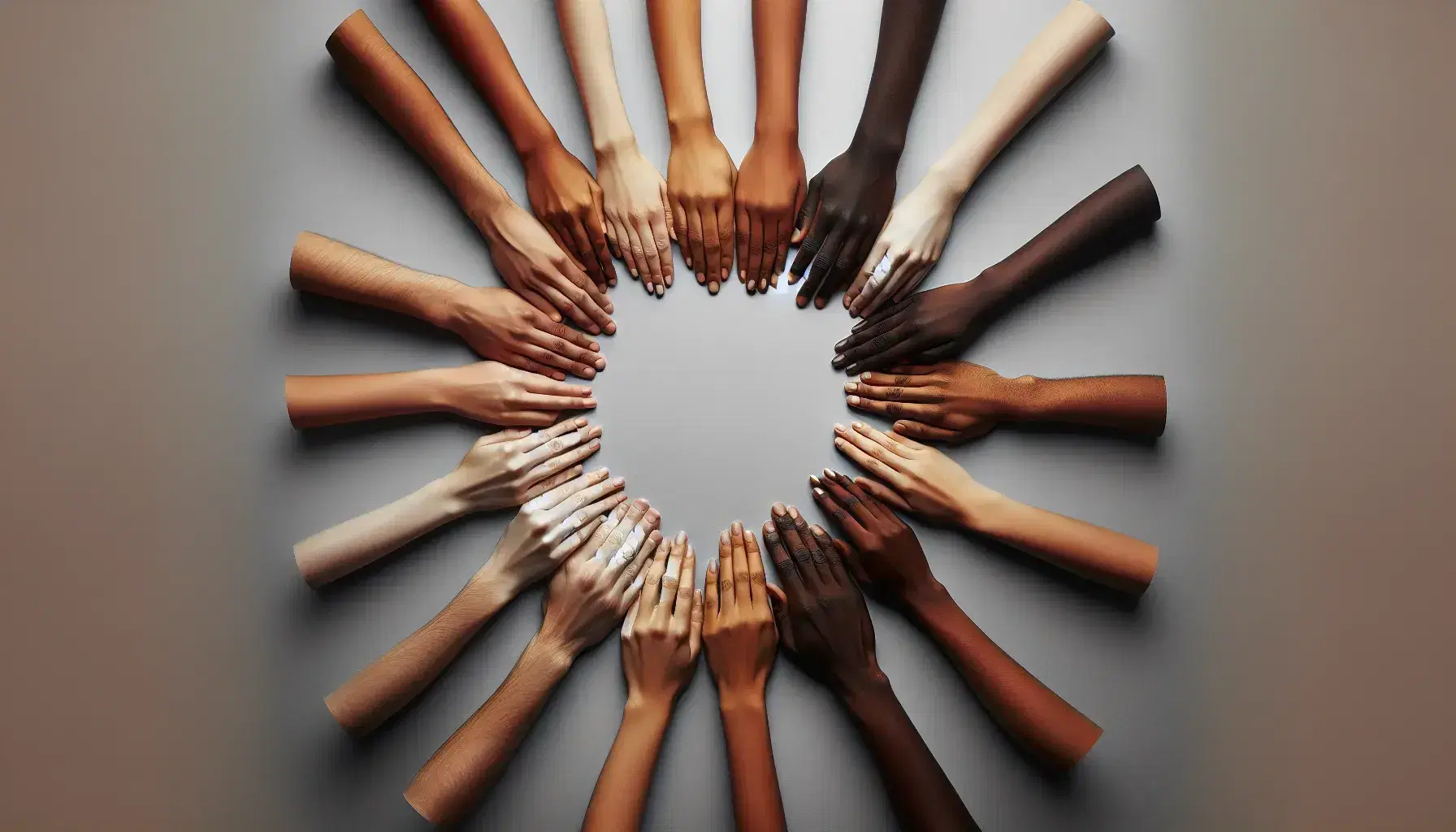 Cerchio di mani intrecciate con diverse tonalità di pelle che simboleggiano l'unità nella diversità etnica su sfondo neutro.