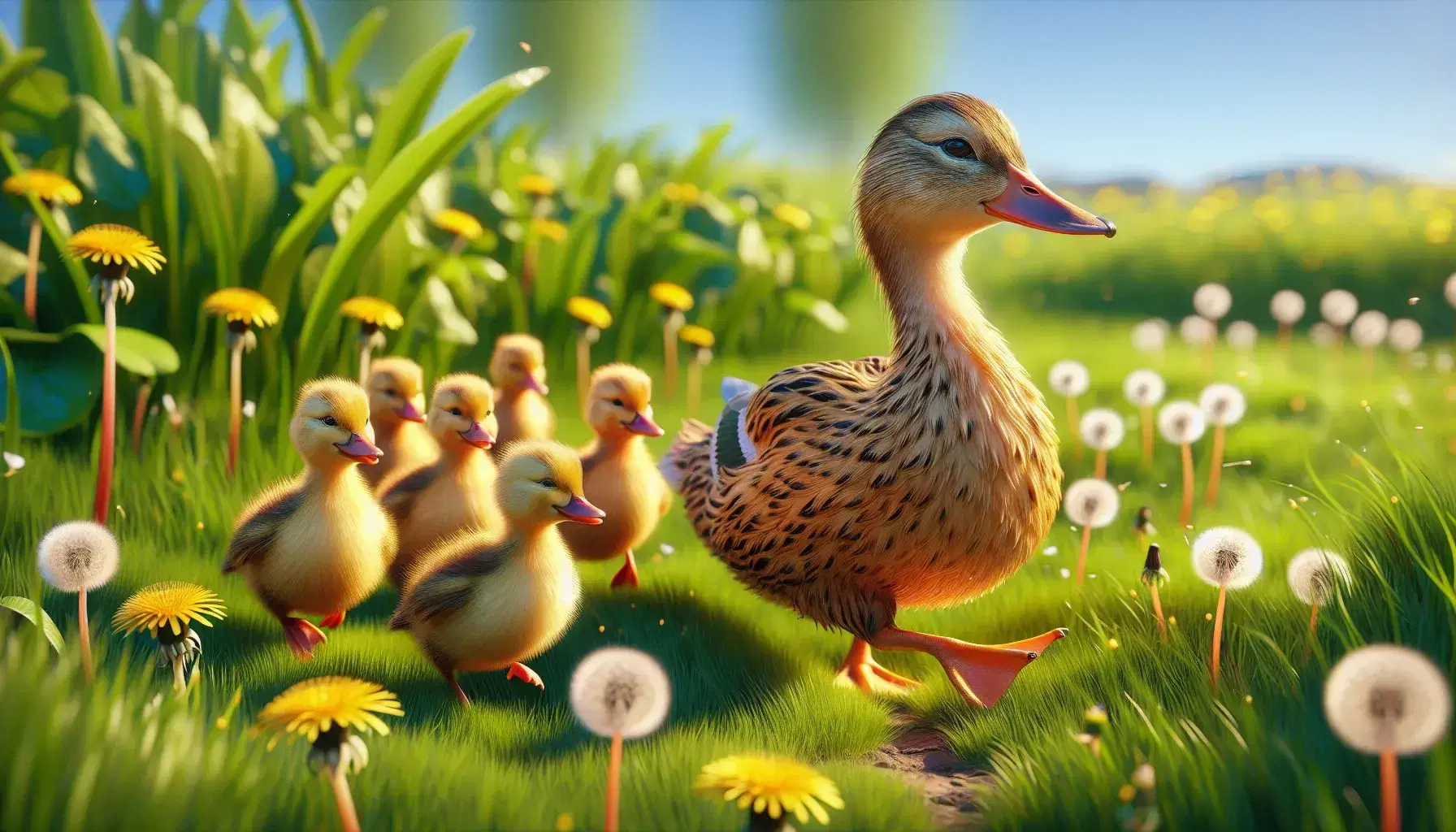 Brown and white mother duck leads five yellow ducklings in a row on green grass with dandelions and blurry blue sky.