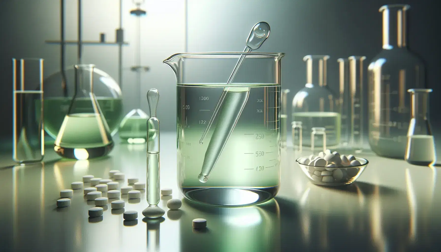 Close-up of a glass beaker with light green liquid, pipette and white tablets on laboratory bench with blurry glassware in the background.