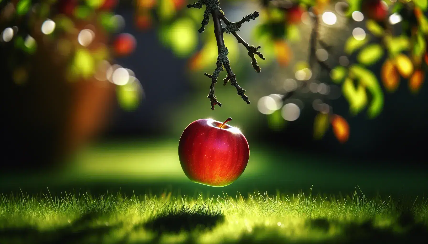 Manzana roja brillante suspendida en el aire a punto de caer de una rama, con fondo desenfocado de césped verde y efecto de luz solar.