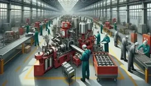 Multi-ethnic workers at work in a naturally lit factory, with red machinery and geometric products on a conveyor belt.
