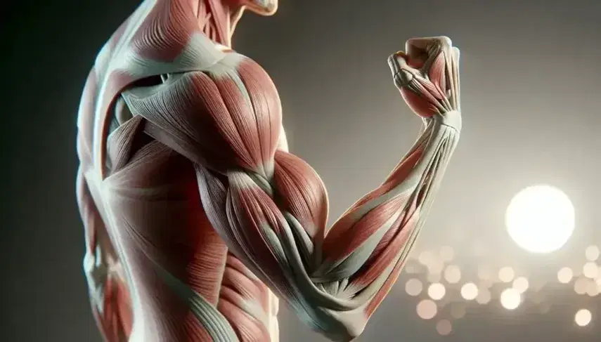 Braccio destro umano con muscoli visibili in stato di leggera flessione, evidenziando bicipiti e tricipiti con attacchi ossei.