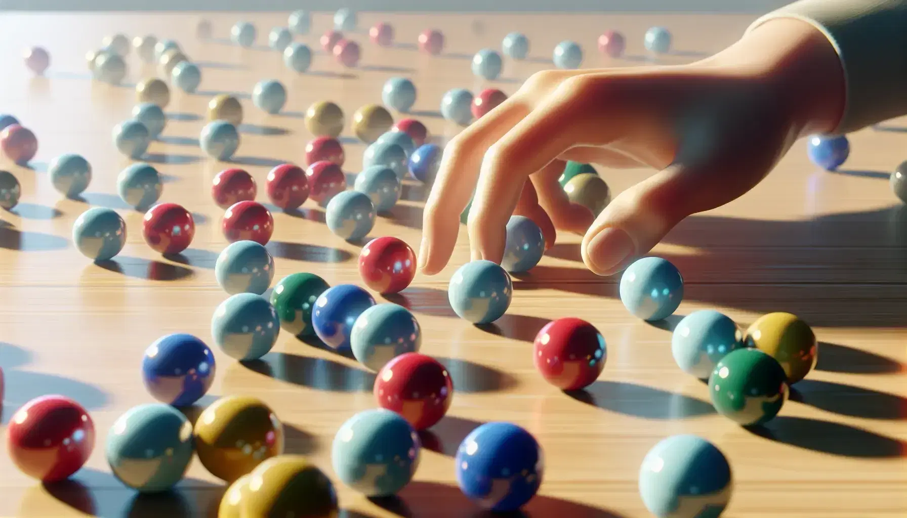 Mano humana seleccionando canica azul entre esferas de colores dispersas sobre mesa de madera clara.
