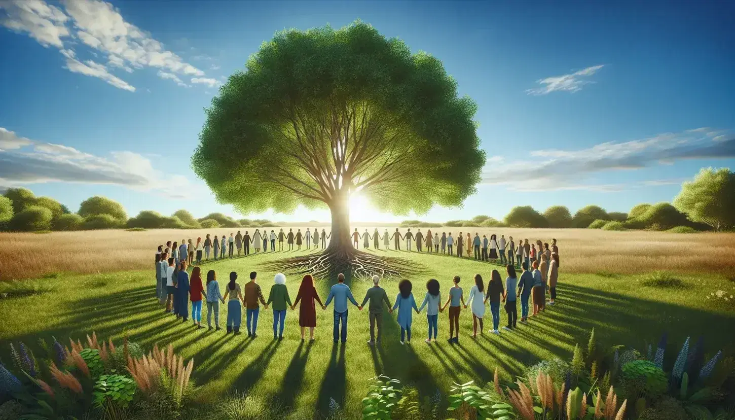 Multi-ethnic group of people of various ages holding hands in a circle around a lush tree in a grassy field under a blue sky.