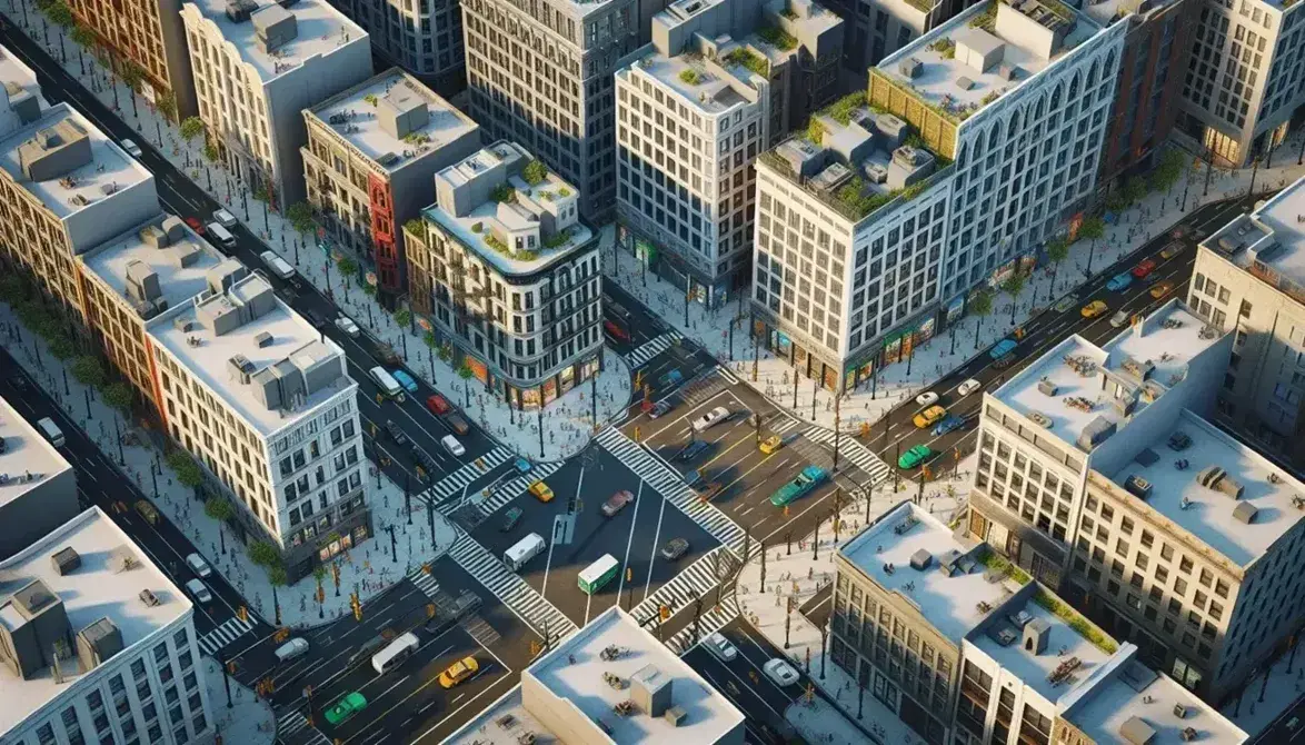 Vista aérea de intersección urbana con tráfico, peatones, edificios de distintas alturas y un parque, reflejando la diversidad arquitectónica y la vida citadina.