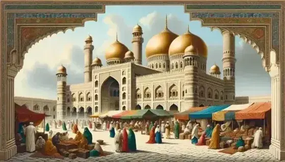 Scena vivace di un antico bazar arabo con moschea dai grandi domi dorati, minareto alto e persone in abiti tradizionali.