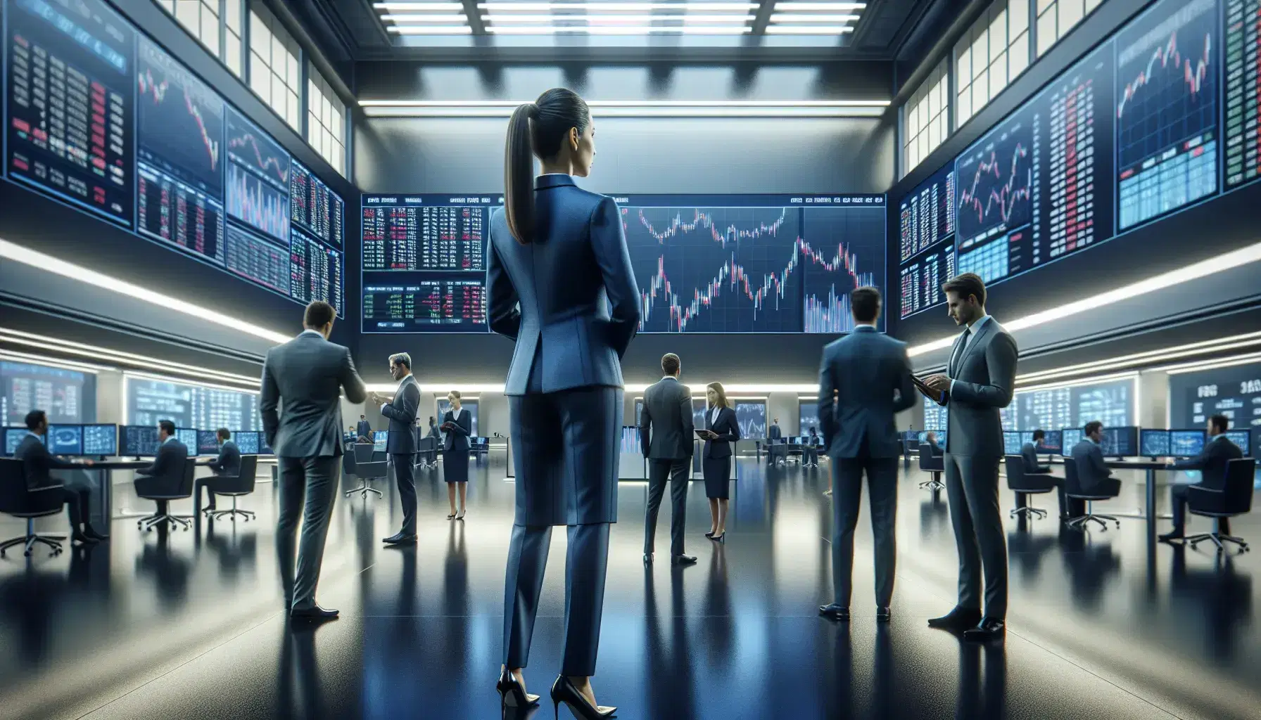 Grupo de profesionales en trajes de negocios analizando datos en pantallas en el piso de una moderna bolsa de valores, con iluminación brillante y mobiliario claro.