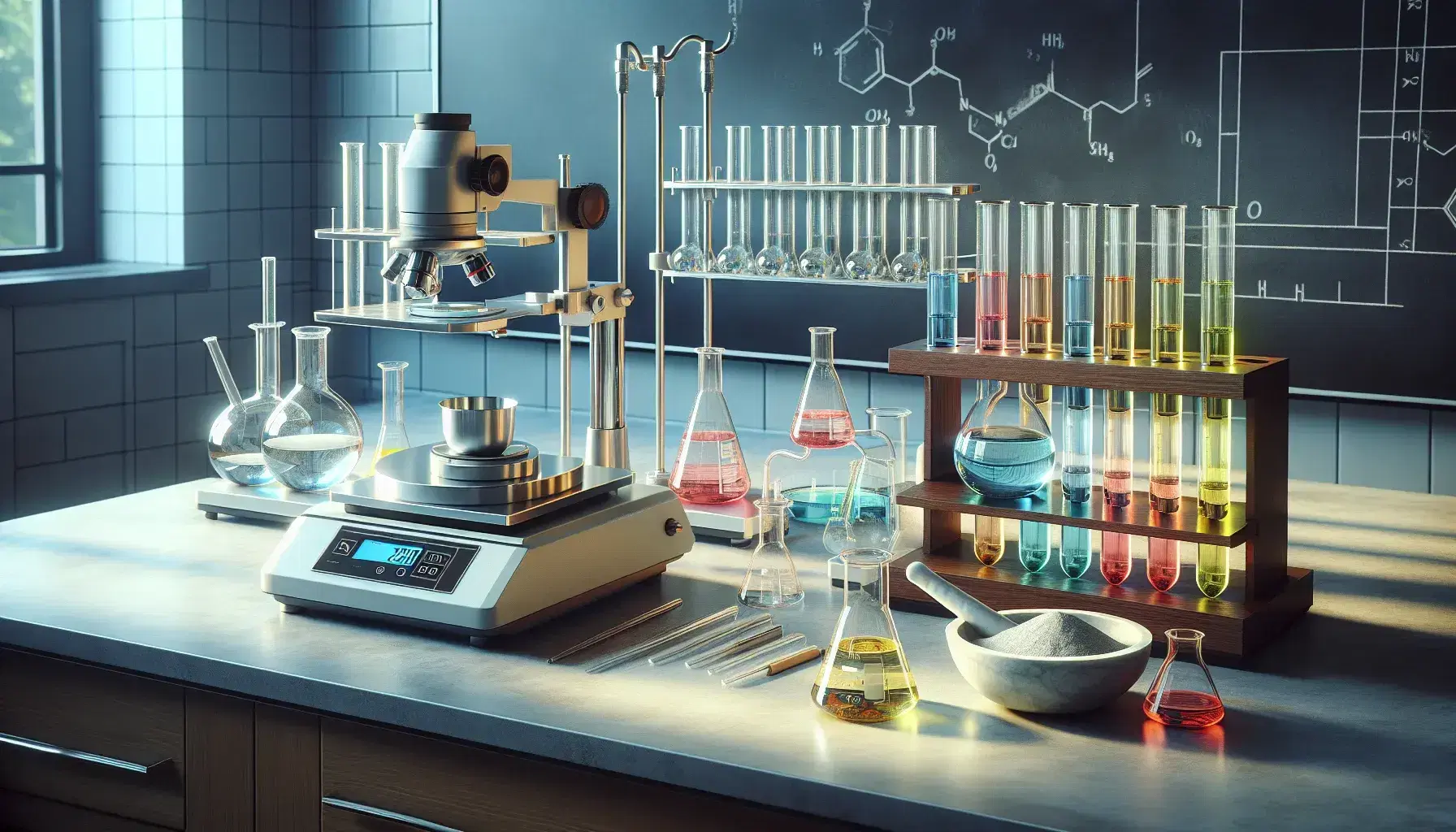 Laboratorio chimico moderno con bilancia analitica, mortaio, becher colorati e provette in rack di legno su banco chiaro.