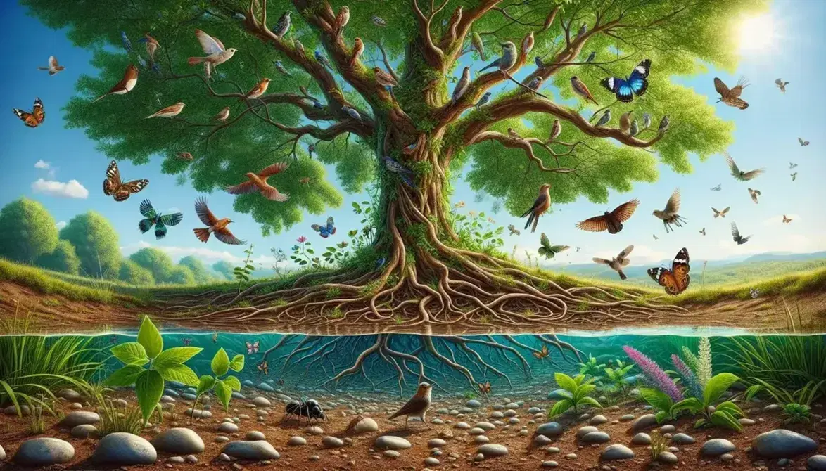 Árbol frondoso con raíces visibles, aves de plumaje colorido posadas en una rama, mariposa y hormiga en suelo fértil junto a arroyo sereno bajo cielo azul.