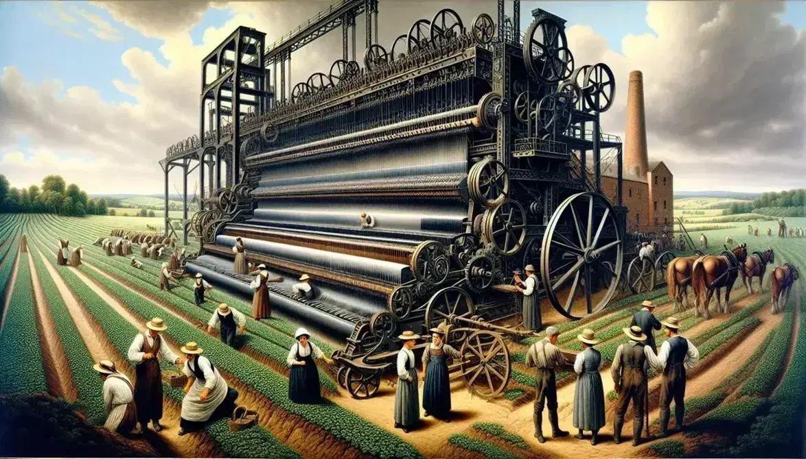Telaio meccanico in funzione in fabbrica tessile ottocentesca con operai al lavoro, accanto a scena agricola con aratro trainato da cavallo.