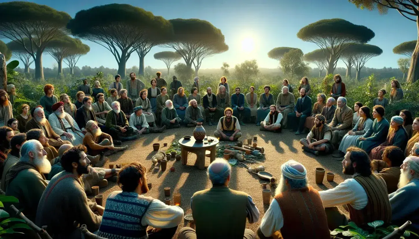 Grupo diverso en círculo al aire libre participando en sesión de cuentacuentos o diálogo, con objeto antiguo en el centro, rodeados de naturaleza y bajo cielo despejado.