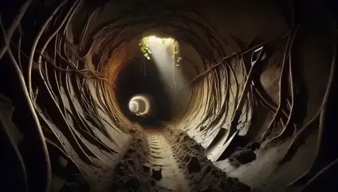 Túnel subterráneo estrecho iluminado tenuemente con raíces y pala metálica apoyada en la pared, reflejando la luz y sombras largas en el suelo.