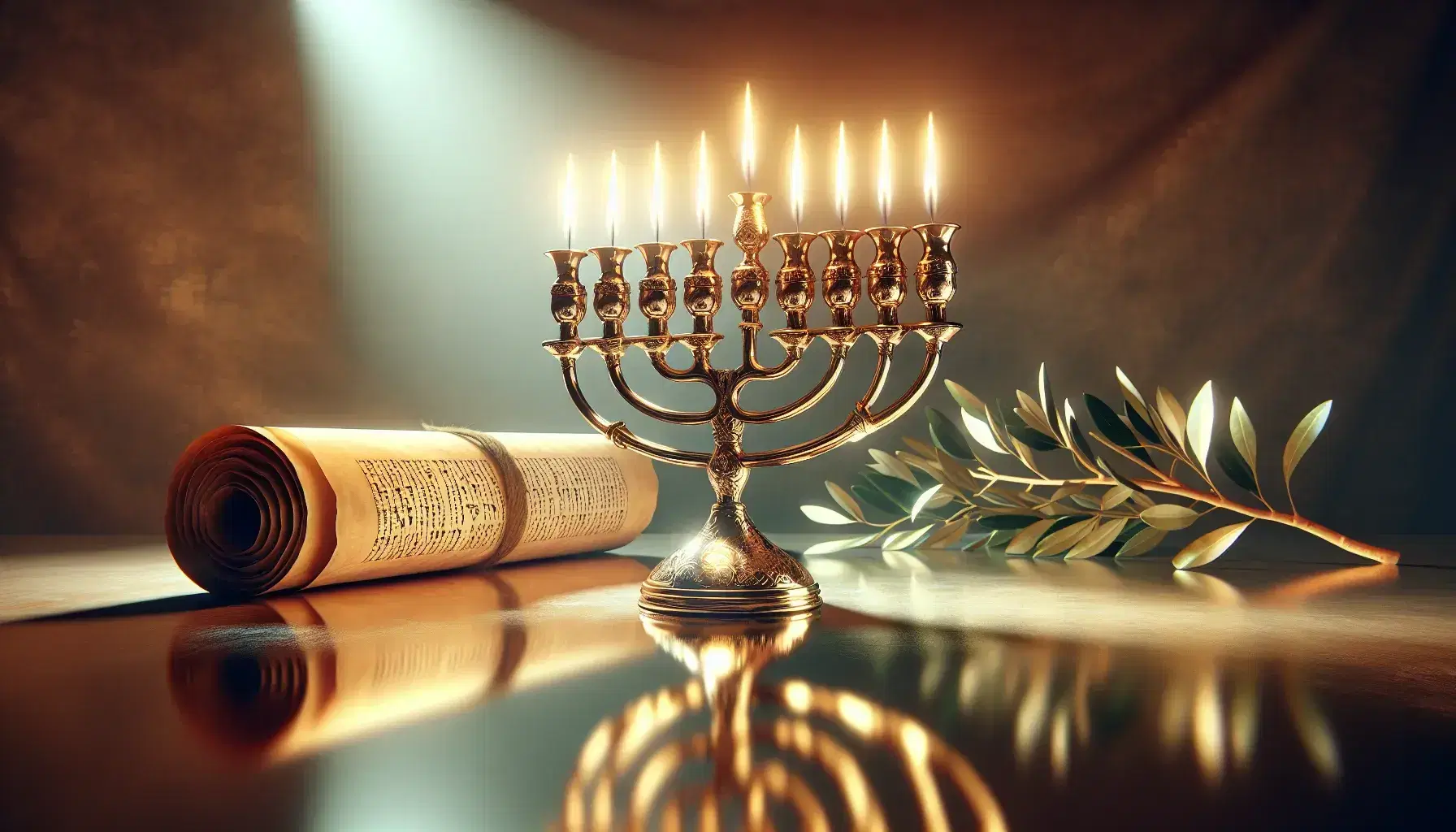 Menorah in metallo lucido su superficie riflettente con sfondo di rotolo di Torah sfocato e ramo d'olivo.