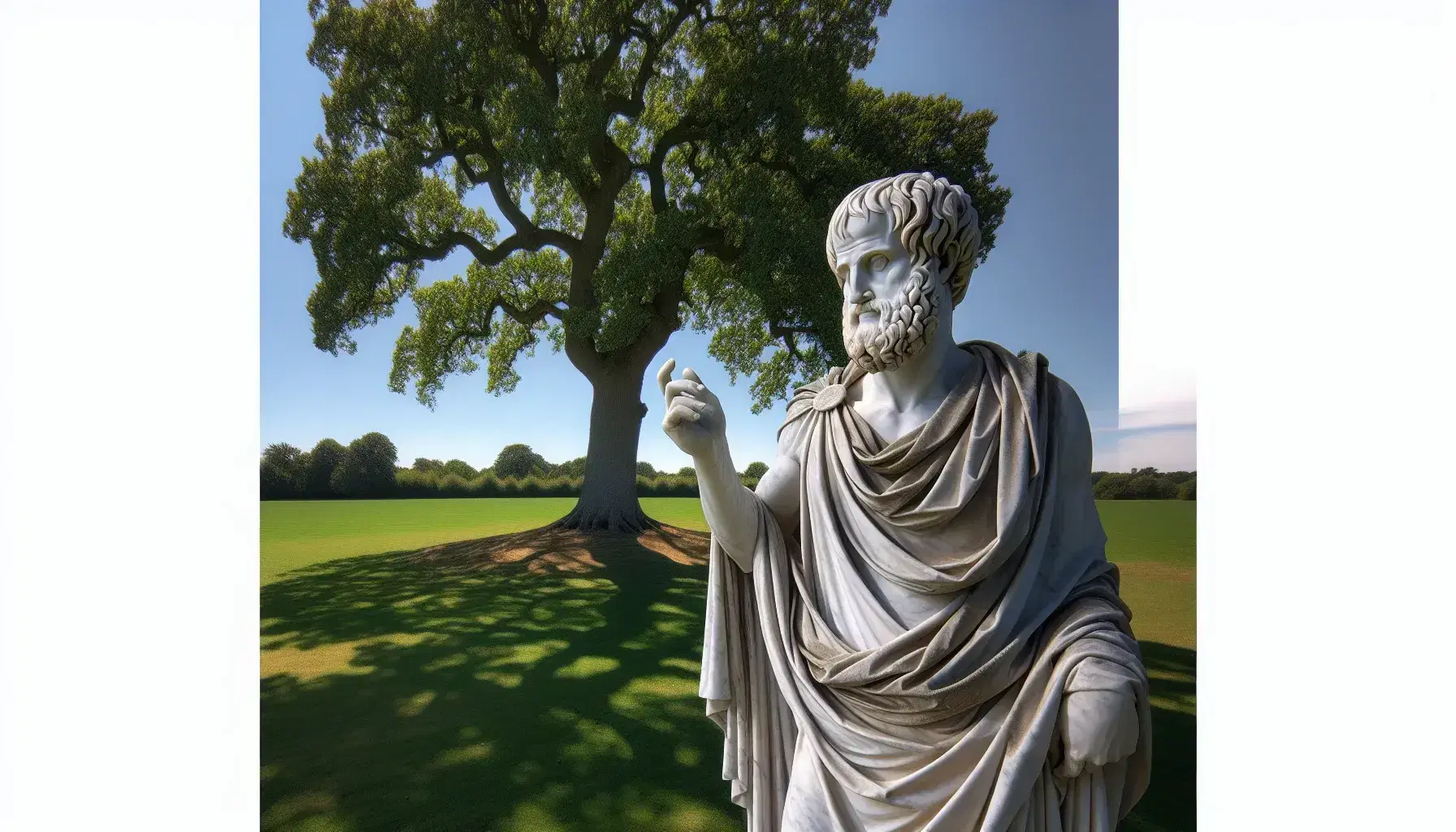 Estatua de mármol blanco de Aristóteles pensativo con mano derecha extendida, fondo de árbol frondoso y cielo azul claro.