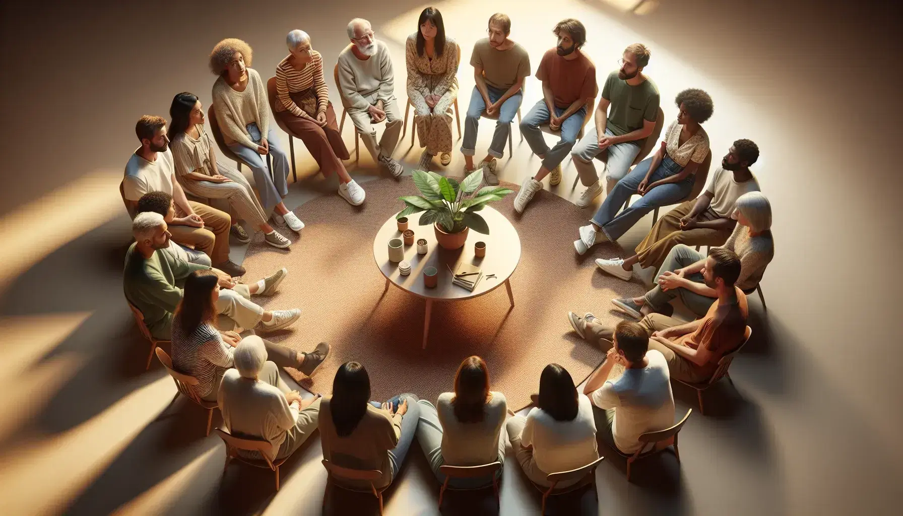 Circle of people of different ages and backgrounds sitting peacefully in a restorative justice program, with a plant in the center.