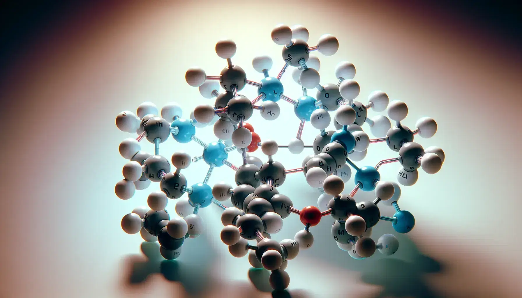 Modelo tridimensional colorido de la molécula de serotonina con átomos representados por esferas de colores y enlaces en fondo neutro.