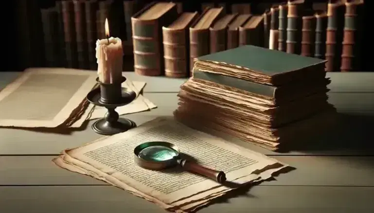 Mesa de madera clara con papeles antiguos, lupa con mango oscuro y vela encendida en portavelas metálico, fondo desenfocado con estantería y libros.