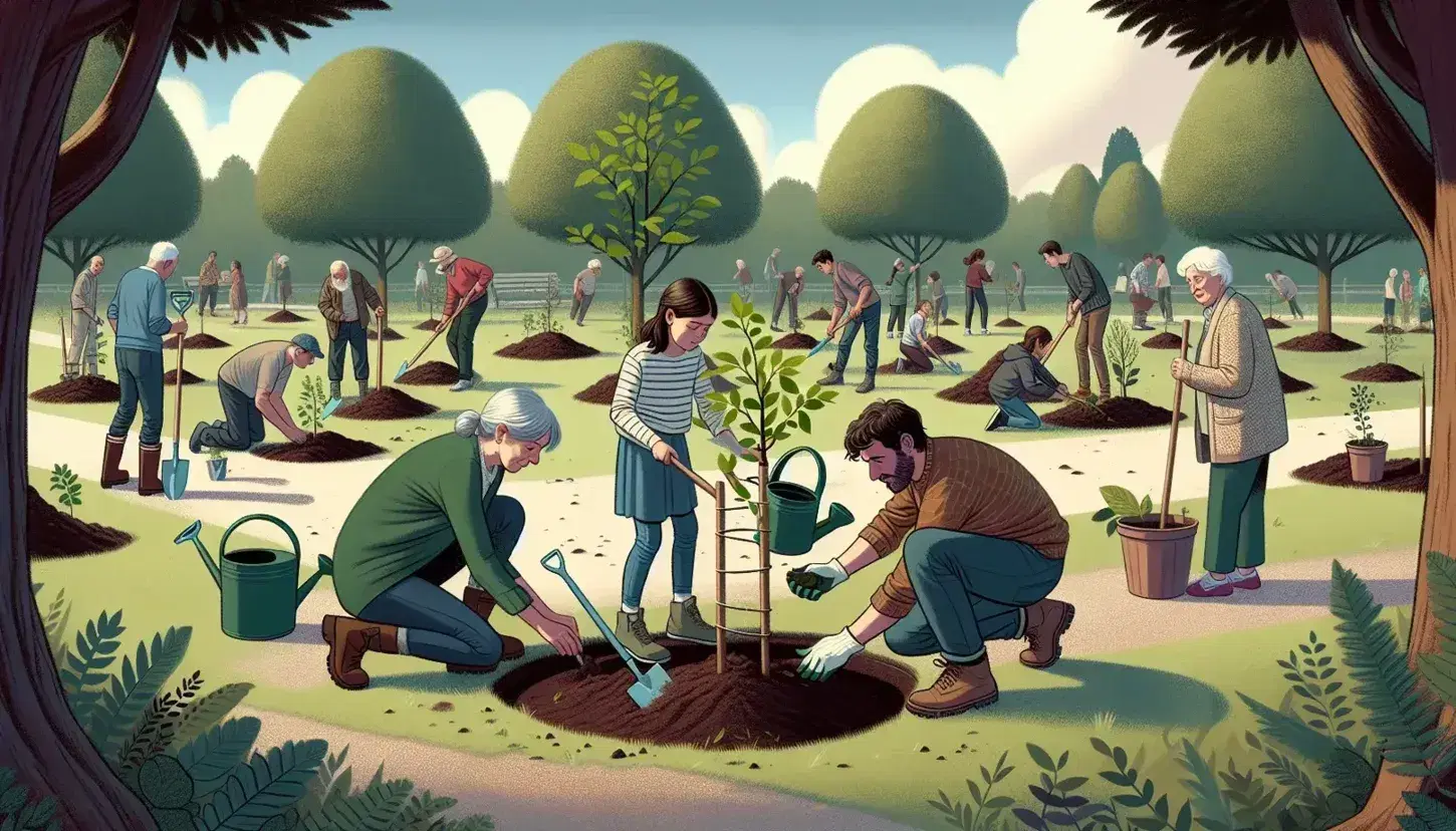 Gruppo multietnico pianta alberi in parco cittadino, adulti e bambini collaborano in giornata soleggiata, attività comunitaria ecologica.