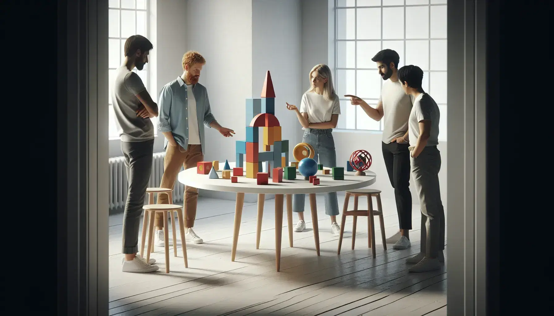 Grupo de cinco personas colaborando en una actividad de construcción con bloques de colores y formas variadas sobre una mesa redonda en una habitación iluminada naturalmente.
