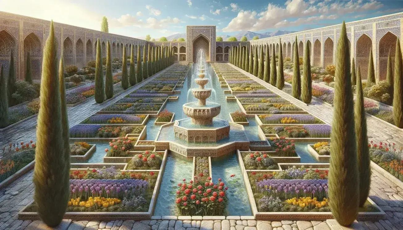 Ancient Persian garden with symmetrical flower beds, stone water channels, central fountain, cypress trees, and peacocks against a blue sky.