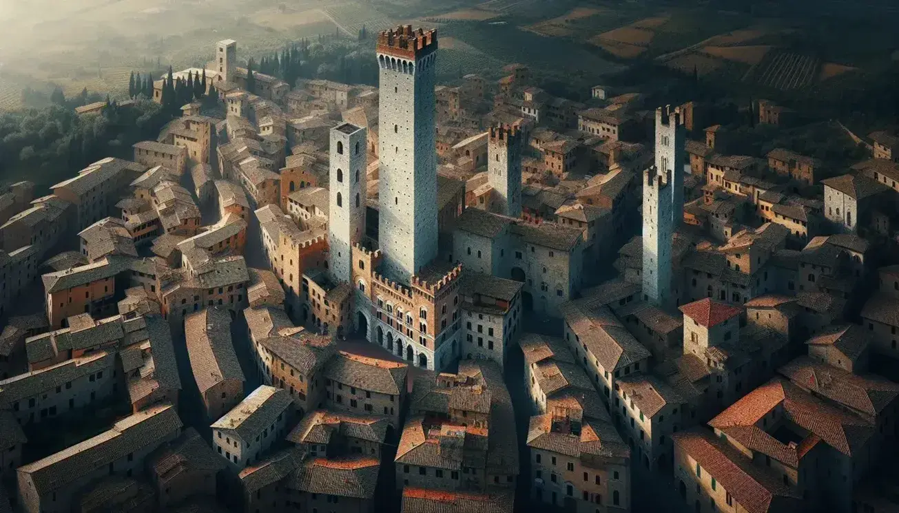 Veduta aerea di città medievale italiana con torre centrale, tetti in cotto e strade strette, illuminata dal sole in cielo azzurro.