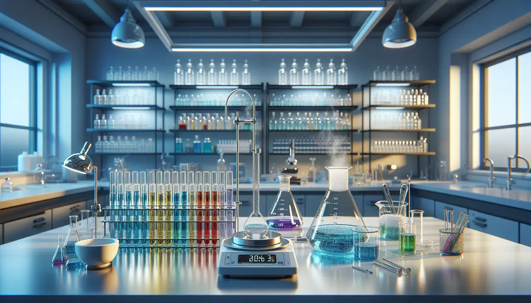 Laboratorio chimico moderno con tavolo da lavoro, provette colorate in supporto metallico, bilancia analitica digitale, mortaio e becher riscaldato da Bunsen.