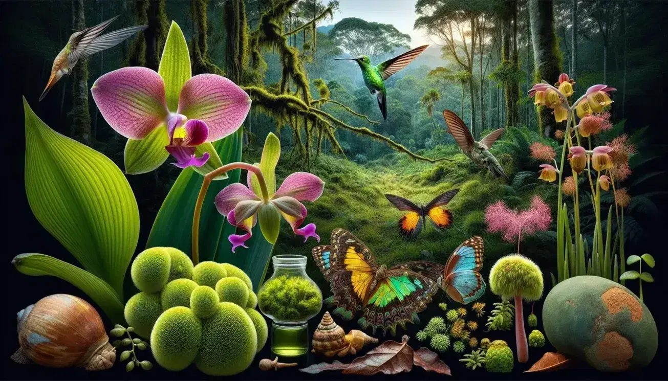 Orquídea rosada con centro amarillo y musgos verdes en primer plano, colibrí iridiscente y mariposa con alas naranjas, negras y blancas en selva tropical.
