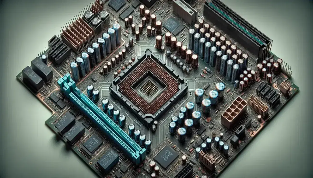 Placa base de computadora con condensadores cilíndricos, resistencias, ranuras de expansión marrones, zócalo de CPU central sin microprocesador y bancos de memoria RAM vacíos.