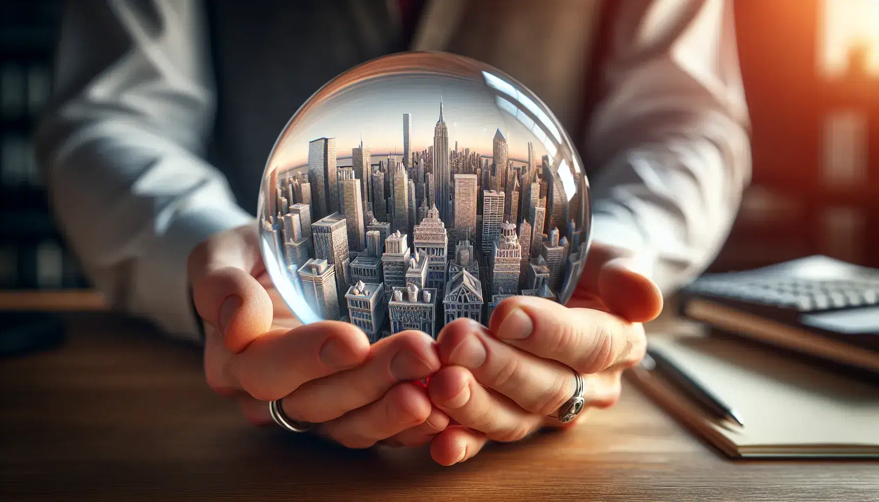 Close-up of a man's hands holding a crystal ball with a detailed monochrome cityscape inside, set against a blurred office backdrop.
