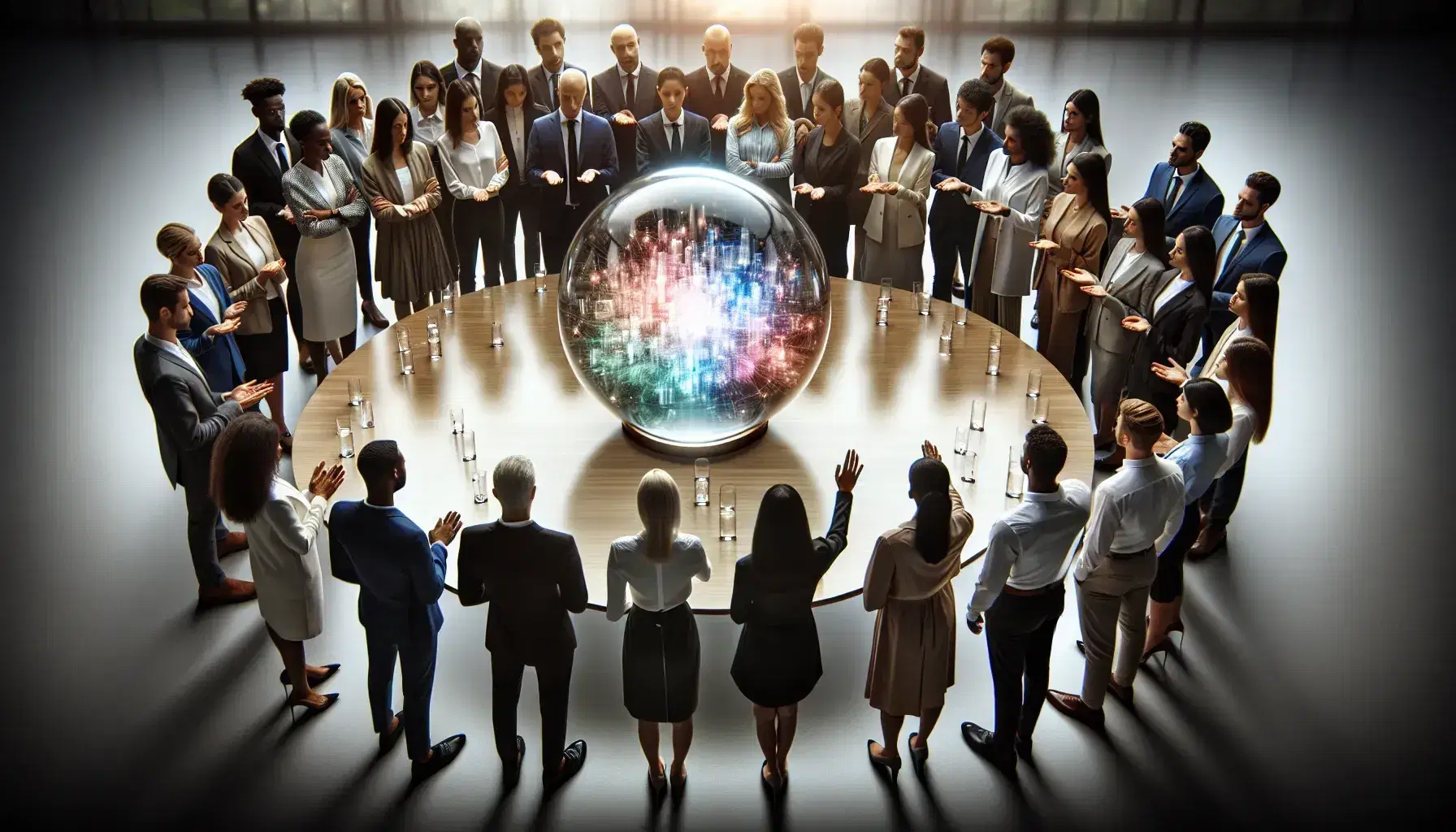 Grupo diverso de profesionales en traje formal alrededor de una mesa redonda con una esfera de cristal iluminada en el centro, reflejando un ambiente de colaboración y análisis en una sala de conferencias.